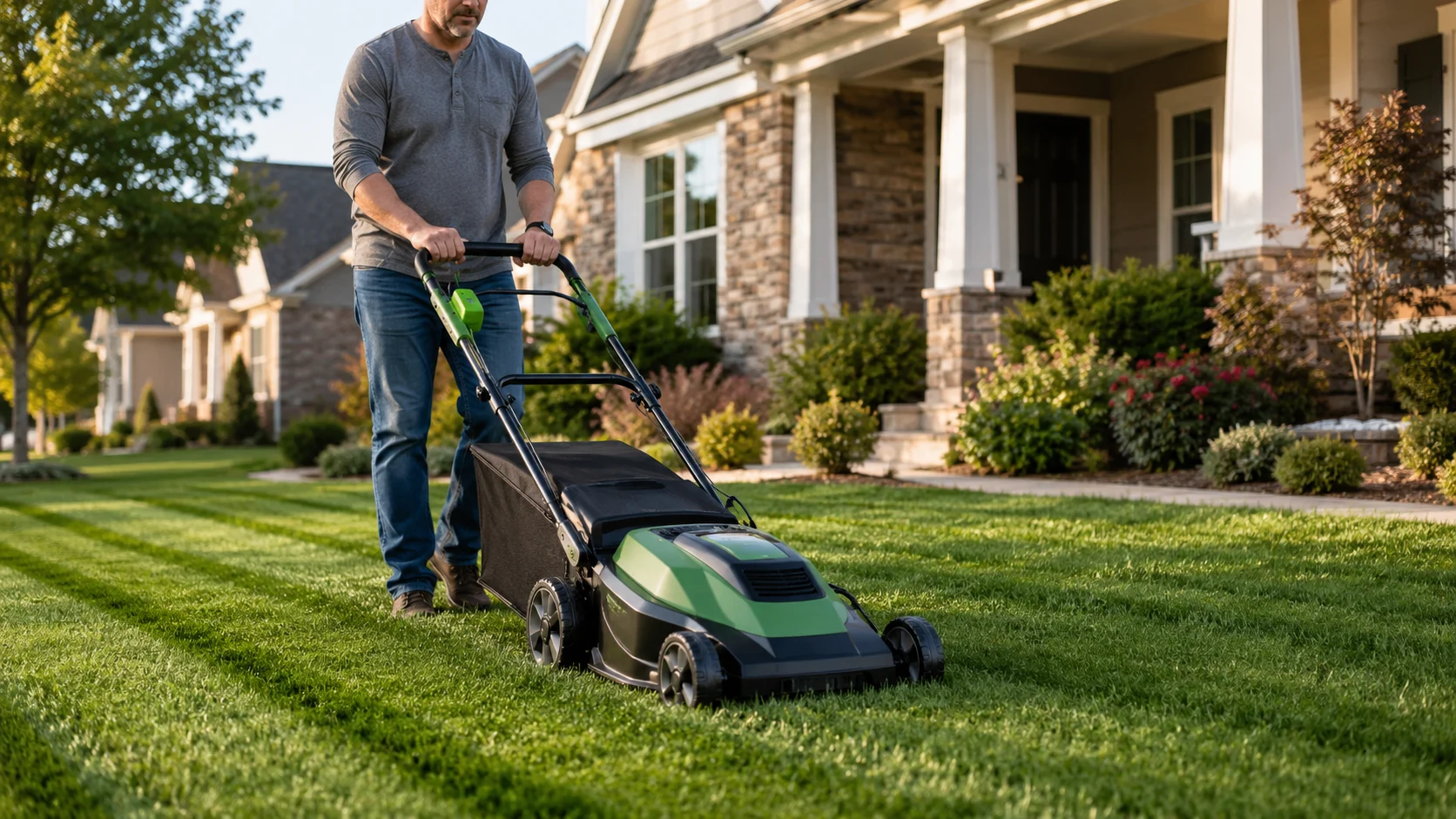 Cordless battery-powered lawn mower cutting a healthy suburban lawn
