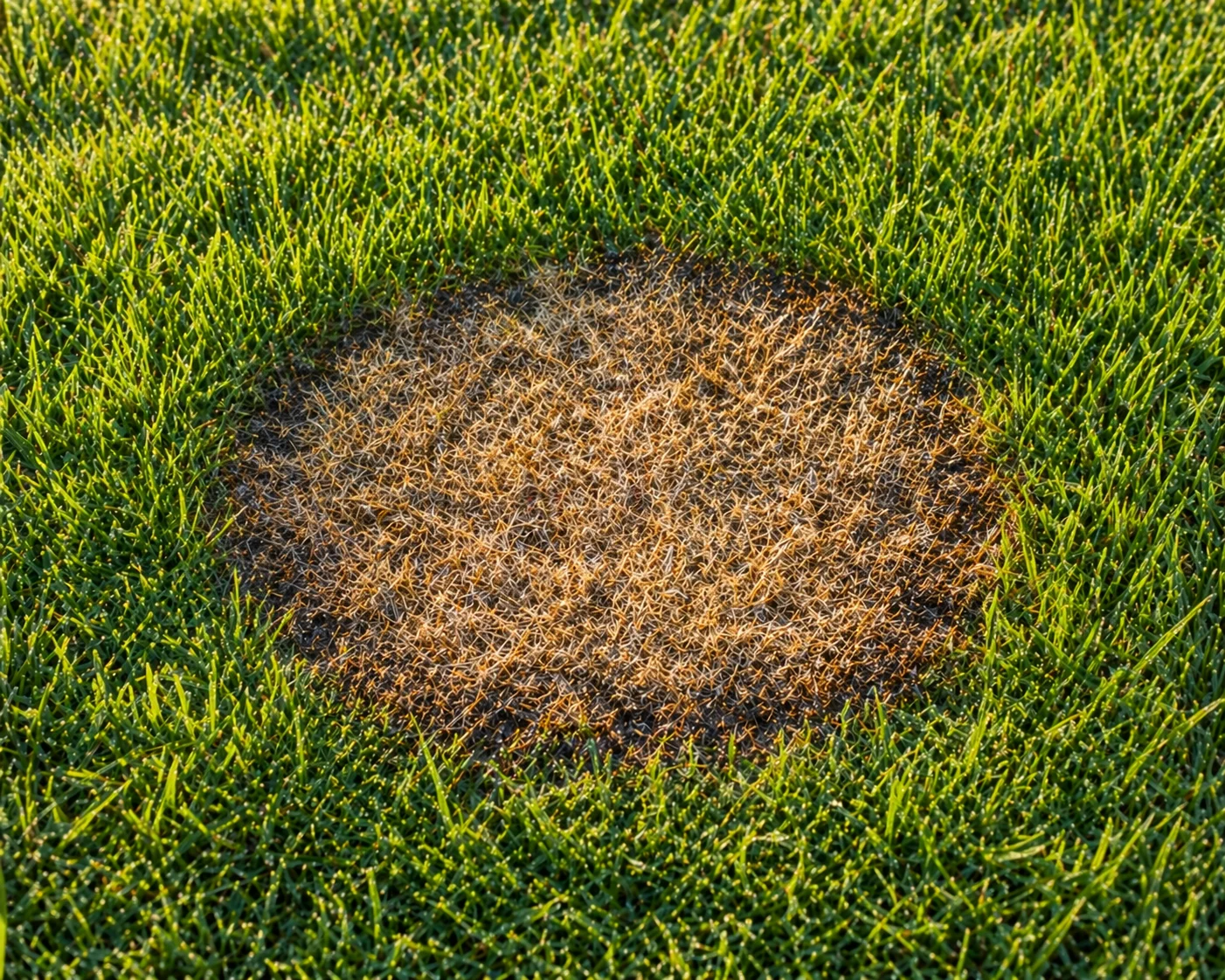Brown patch disease showing tan circular patch with smoke ring on a Tall Fescue lawn in summer