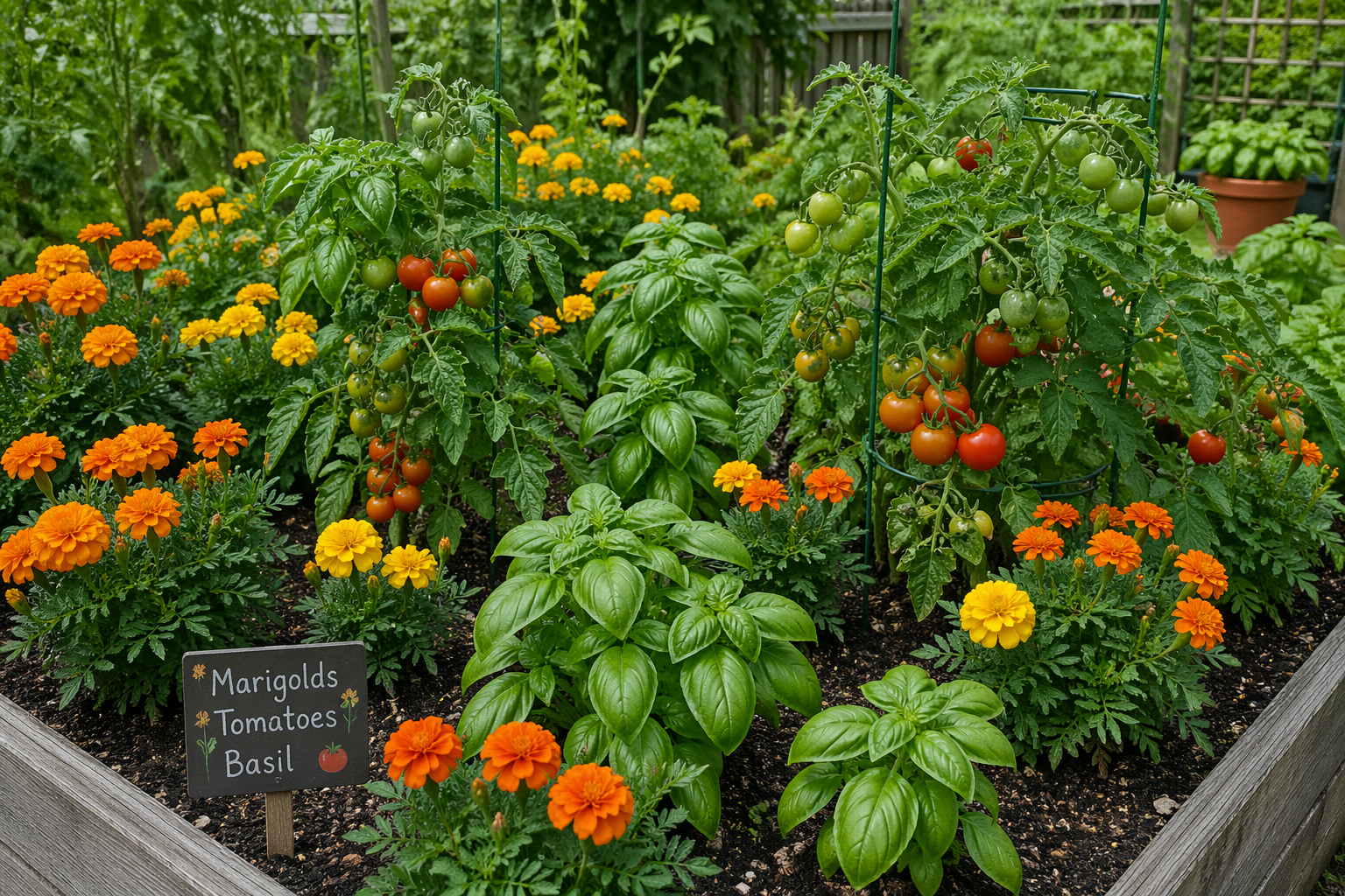 Companion planting — tomatoes, basil and marigolds growing together in a garden bed