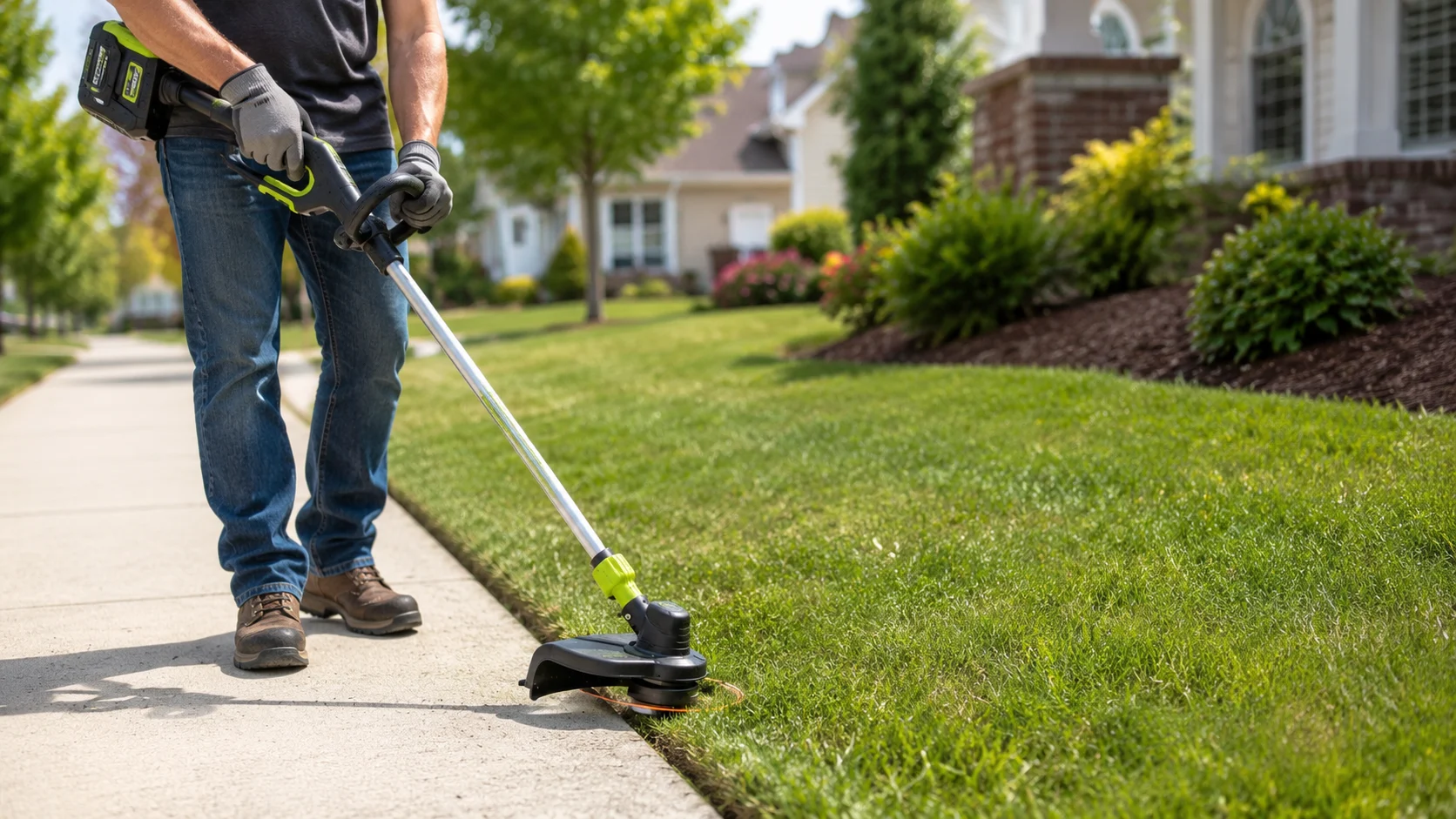 Cordless string trimmer edging a defined lawn border against a concrete walkway