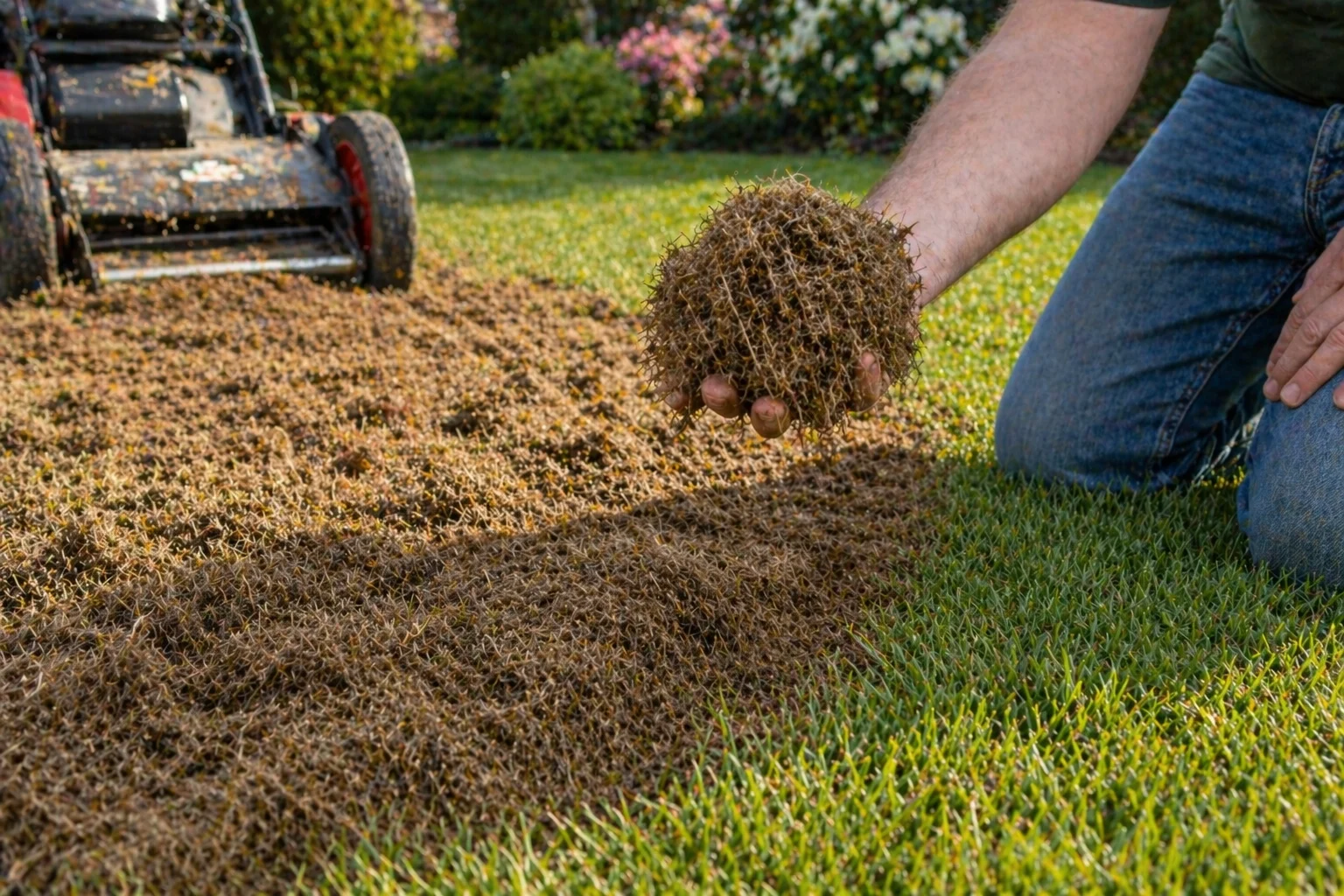 Thick brown thatch layer exposed on a lawn after dethatching
