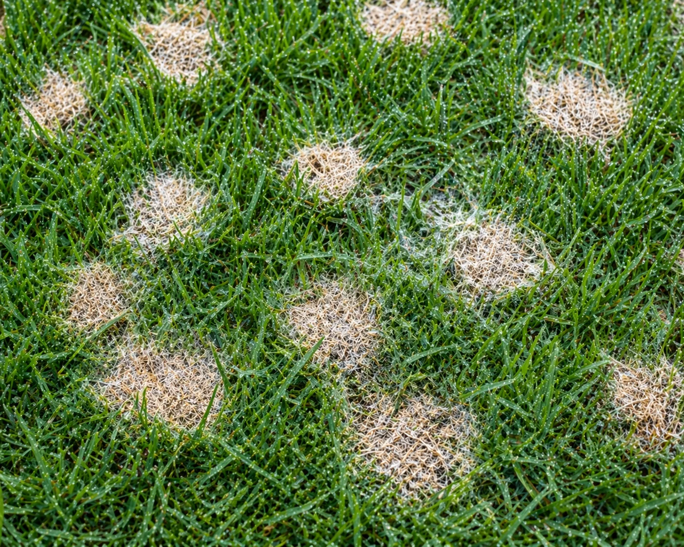 Dollar spot disease showing multiple silver-dollar-sized bleached circles on a residential lawn