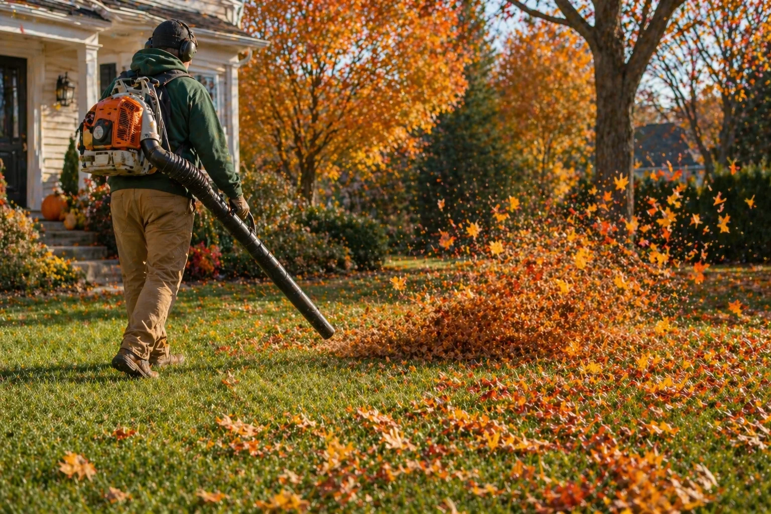 Person blowing autumn leaves off a green lawn with a leaf blower