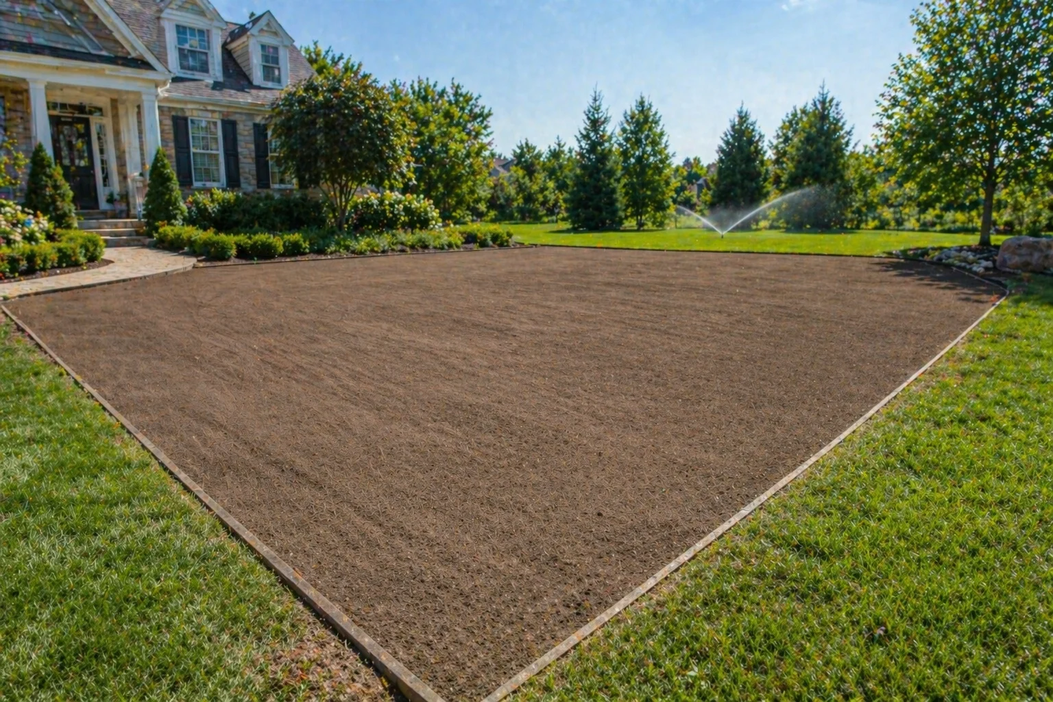 Bare dirt lawn raked smooth and prepared for grass seeding