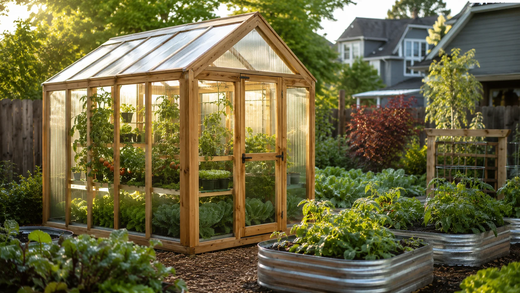 Cedar-framed polycarbonate walk-in greenhouse with seedlings in a lush suburban backyard