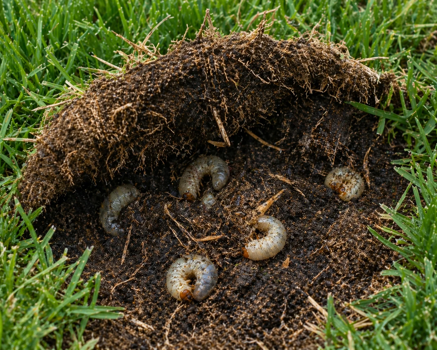 White C-shaped grub larvae in soil beneath a residential lawn with peeled-back dead grass