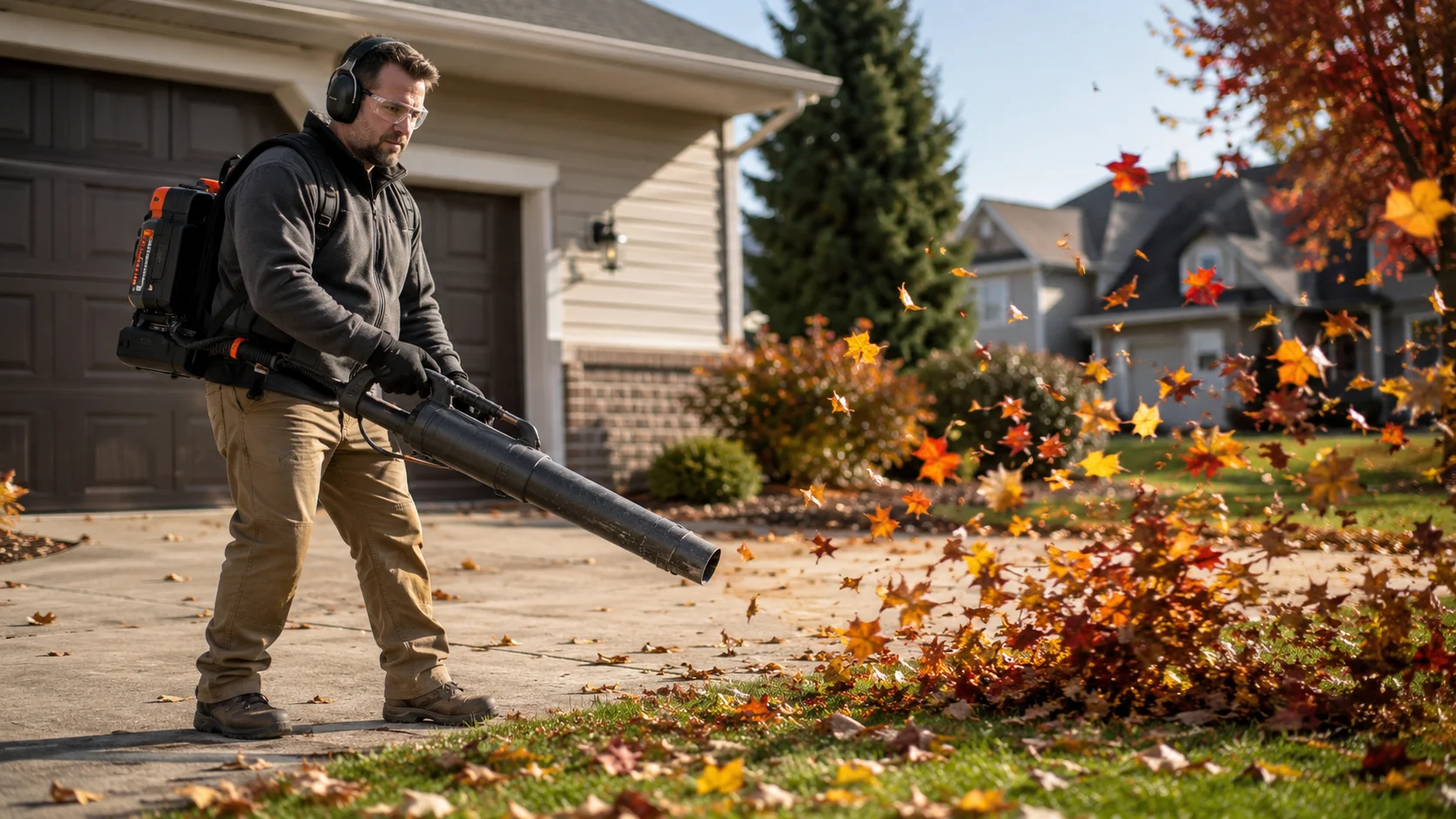 High-power leaf blower clearing autumn leaves from a suburban driveway