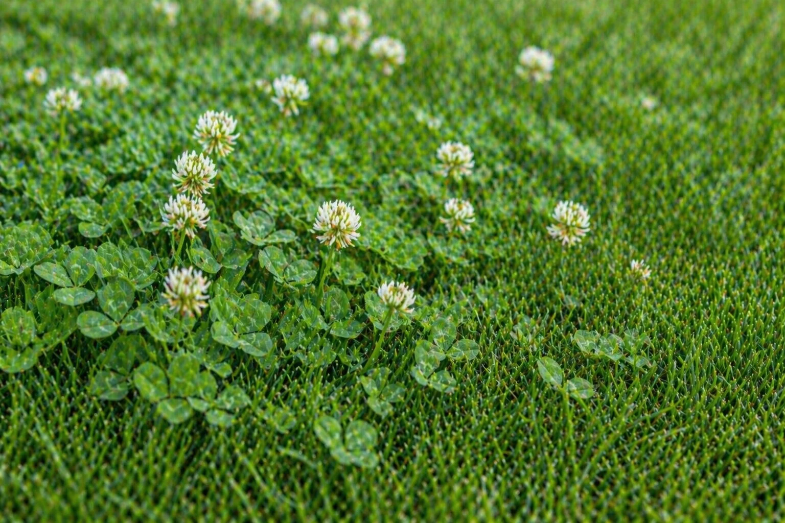 White clover with three-leaf pattern and flowers spreading through a lawn