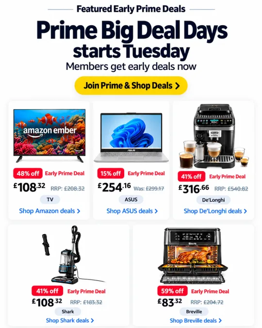 Prime Big Deal Days: members get early Prime deals now. Join Prime and shop deals on Amazon.