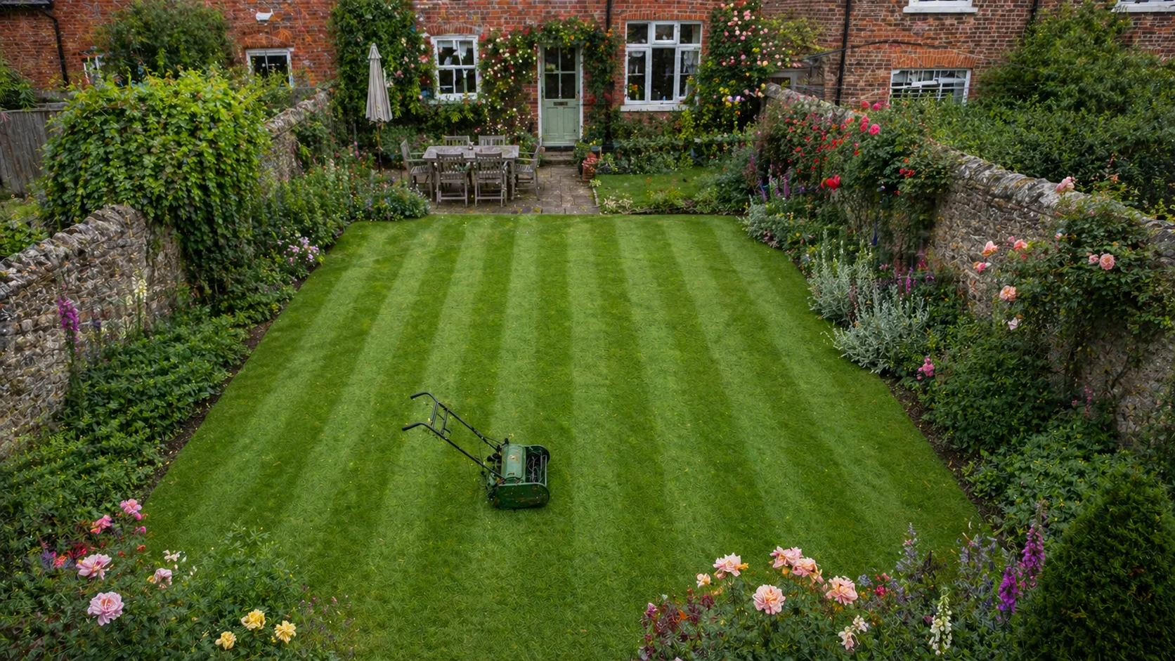 Traditional English garden lawn with stripes