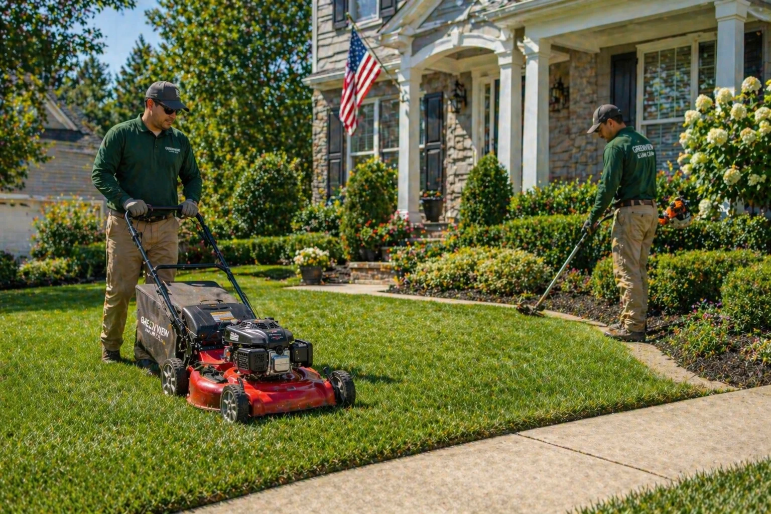 Professional lawn care crew mowing and edging a suburban property