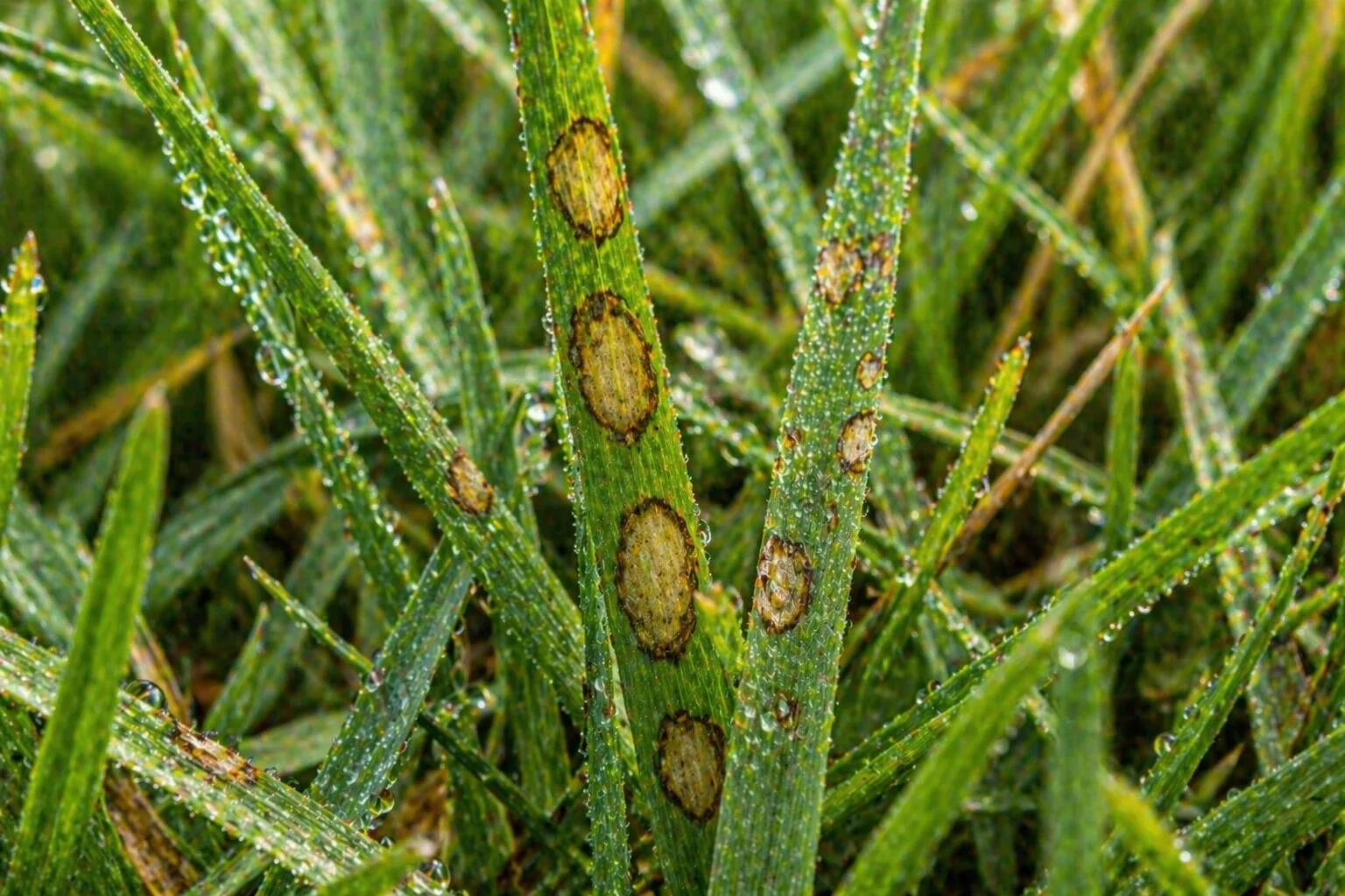 Macro shot of grass blades showing brown patch fungal disease lesions