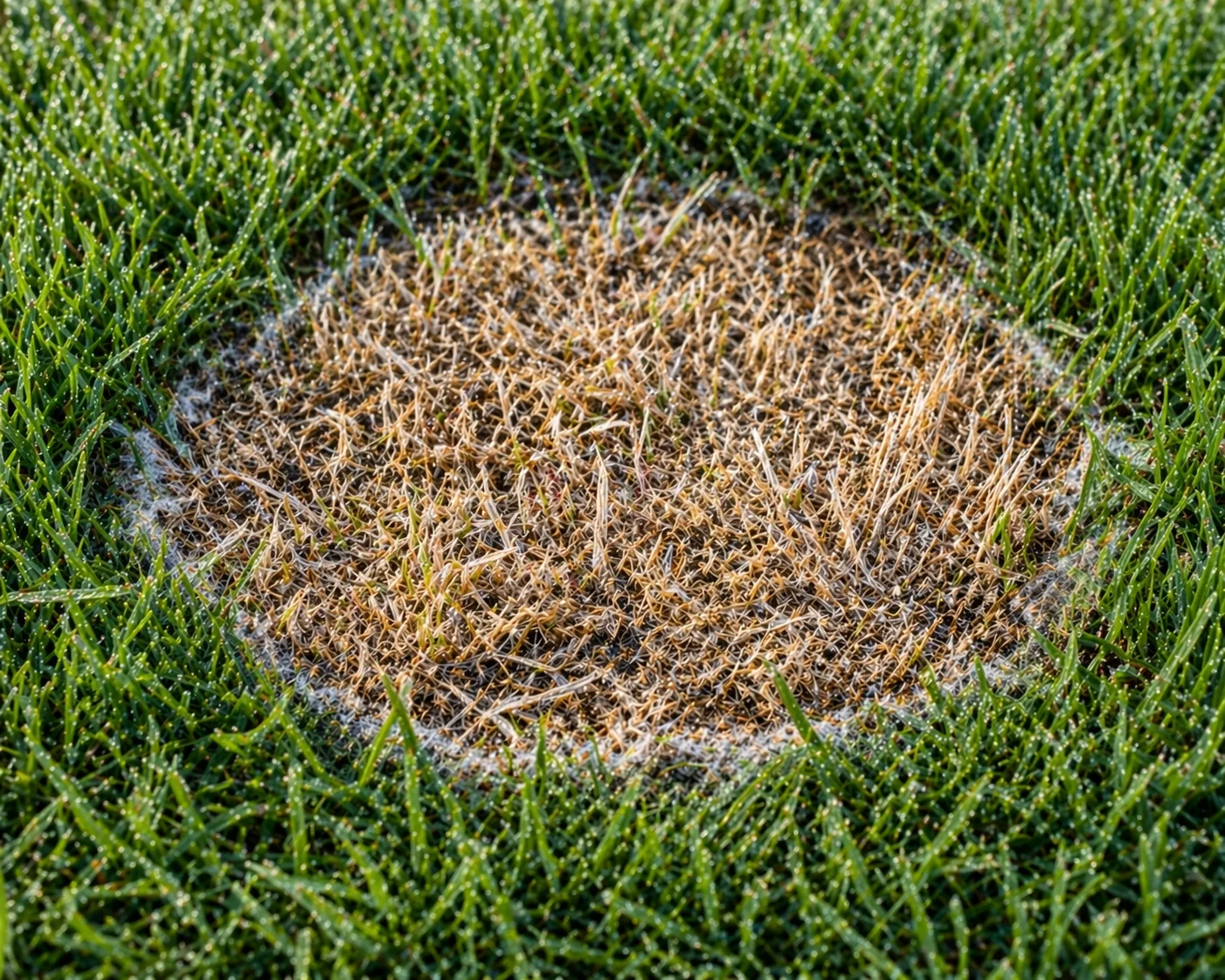 Circular brown patch of lawn fungus with darker outer ring on a green residential lawn
