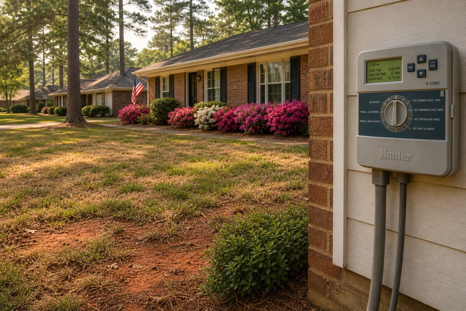 Drought-stressed suburban lawn with irrigation controller in Auburn, Alabama