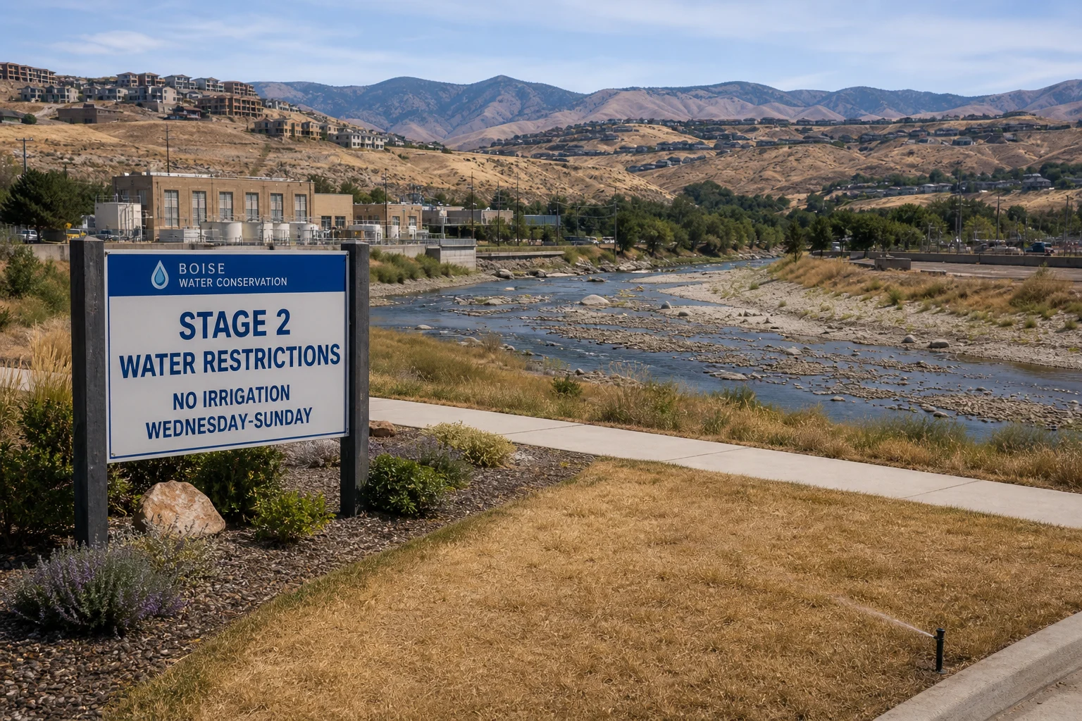 Boise River flowing at low levels through downtown Boise with exposed gravel banks