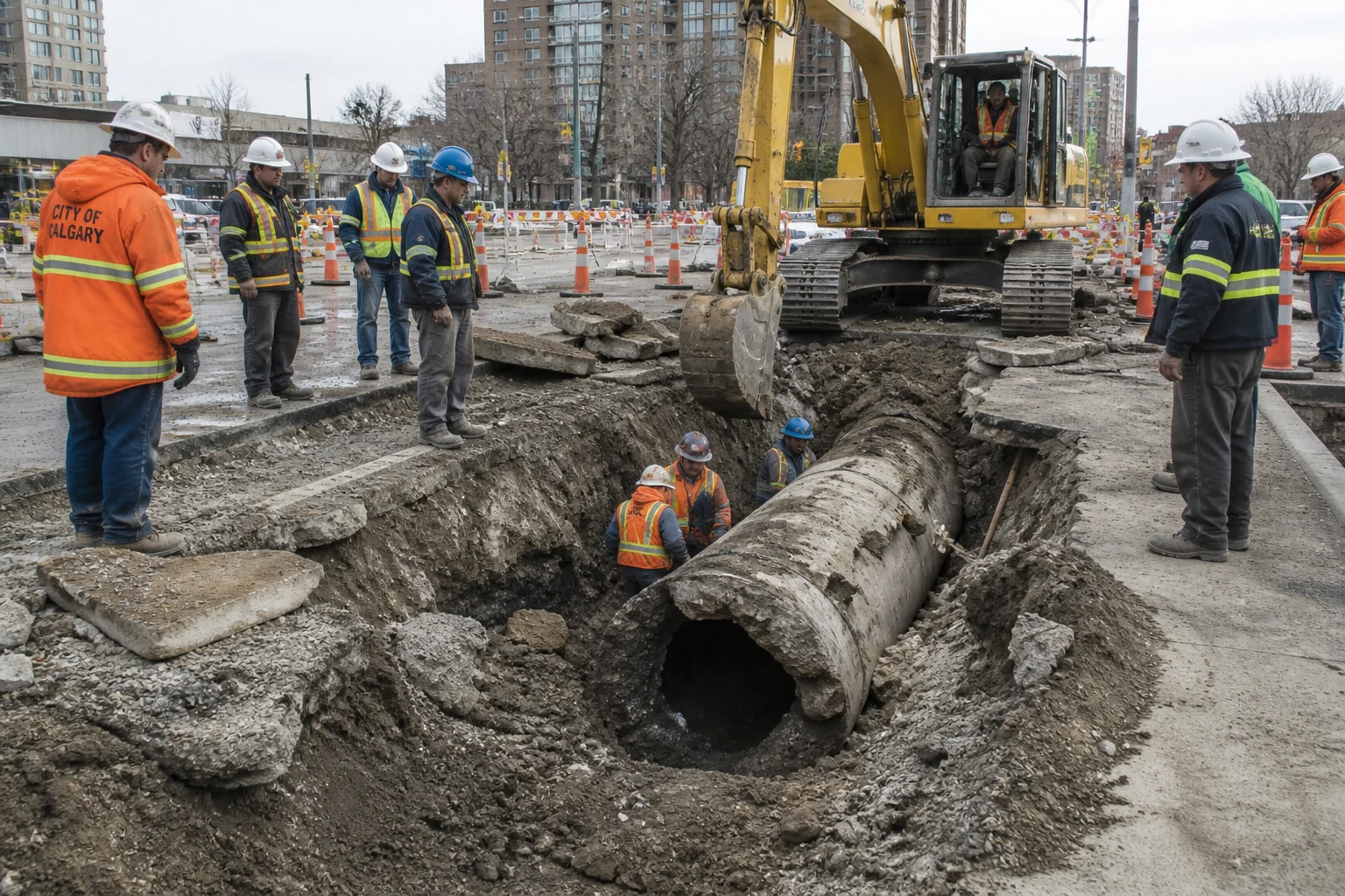 Calgary city worker inspecting a ruptured water main with construction crews and excavation equipment