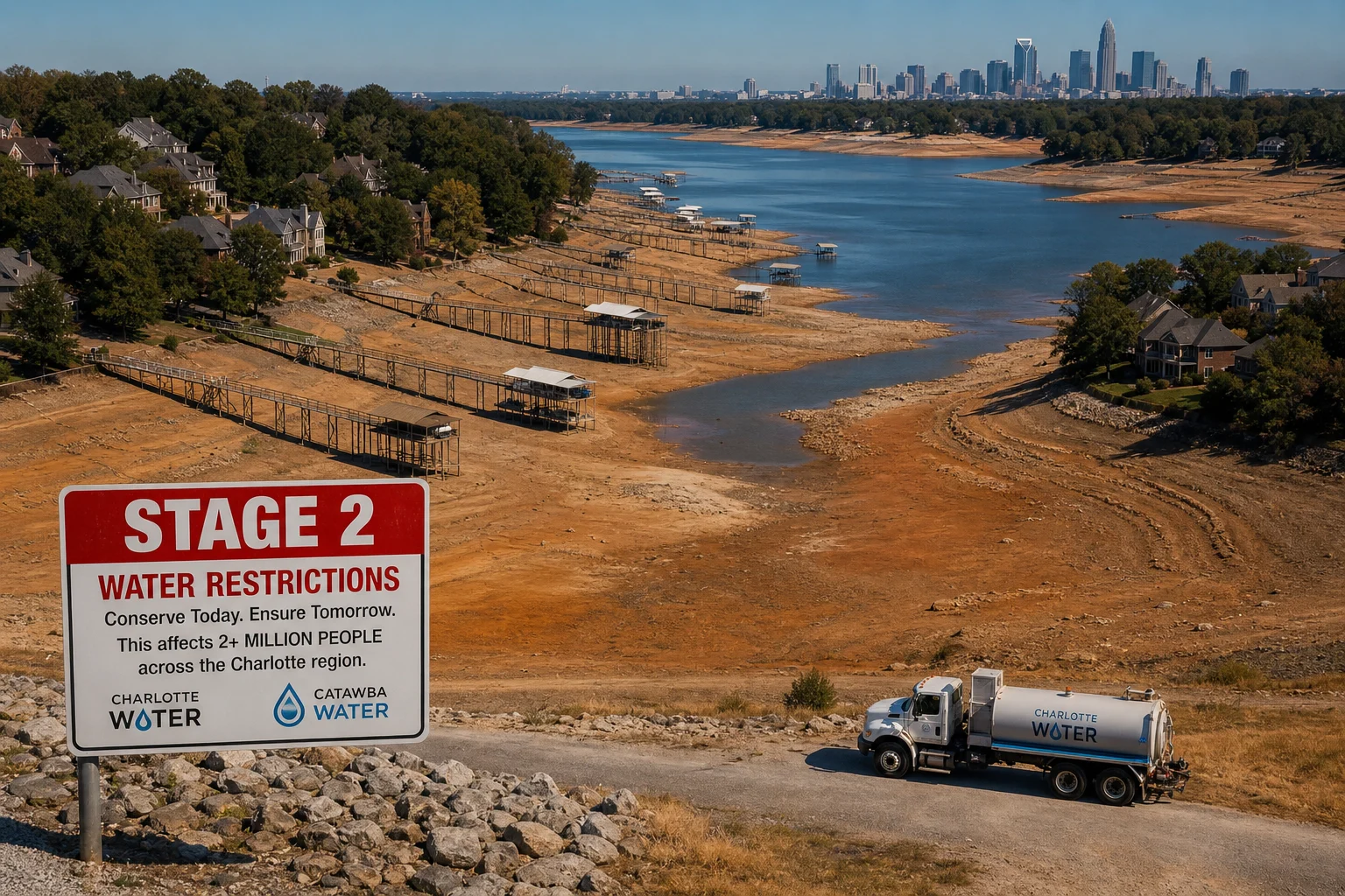 Aerial view of Lake Norman with visibly low water exposing boat ramps and shoreline