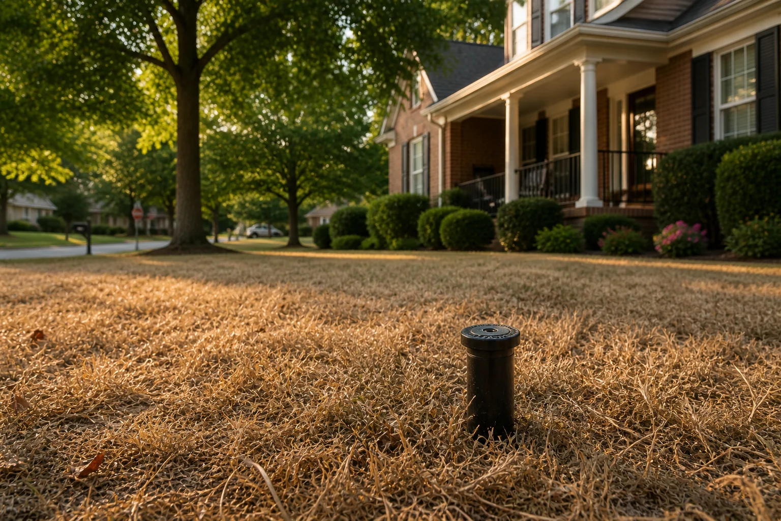 Dry brown lawn with idle sprinkler in suburban Charlotte neighbourhood