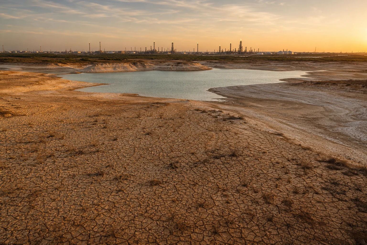 Lake Corpus Christi reservoir at record-low water level showing extensive exposed lakebed with cracked dry earth in foreground and petrochemical refinery silhouettes on the distant horizon