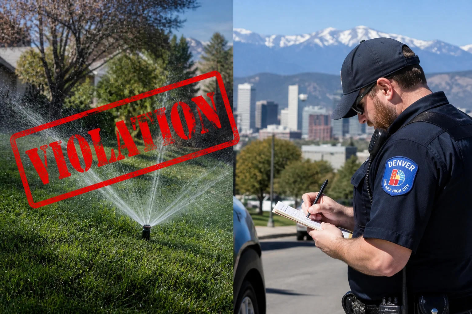 Denver Water enforcement officer inspecting a residential automated sprinkler system in suburban Denver