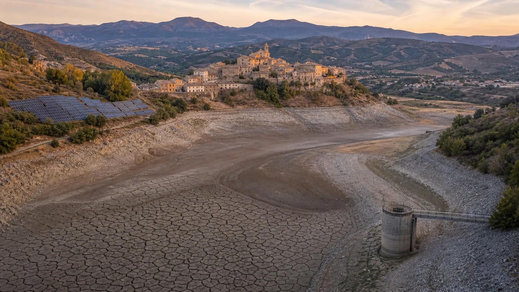 Dried-up Mediterranean reservoir in southern Spain showing exposed cracked earth and abandoned watercraft