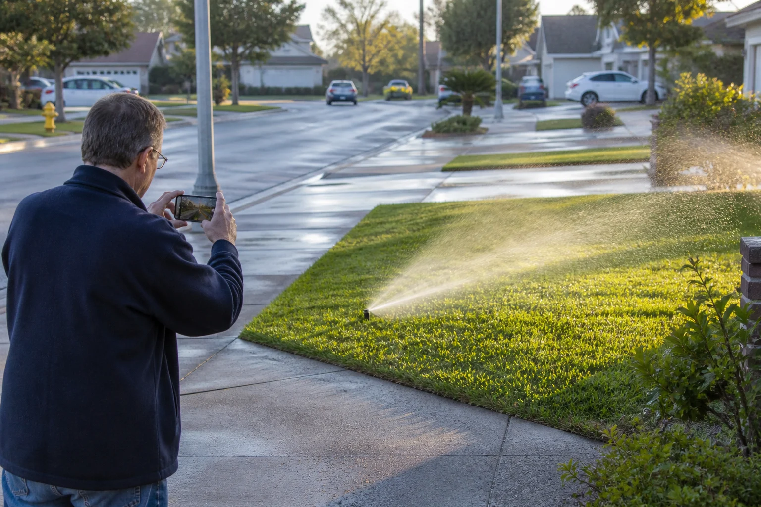 Suburban resident photographing a neighbour's running sprinkler with a smartphone