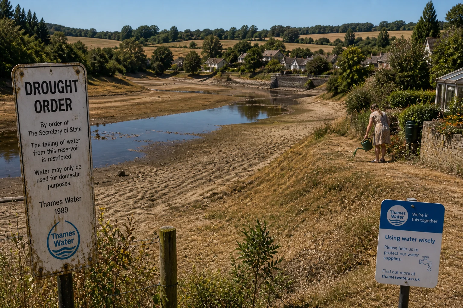 Ardingly Reservoir in West Sussex showing visibly low water levels and exposed banks