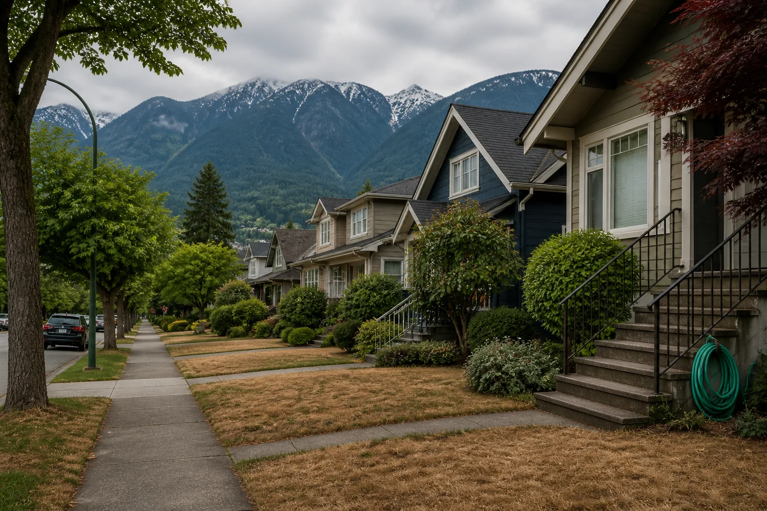 Vancouver residential street with brown lawns and green trees, North Shore mountains in background