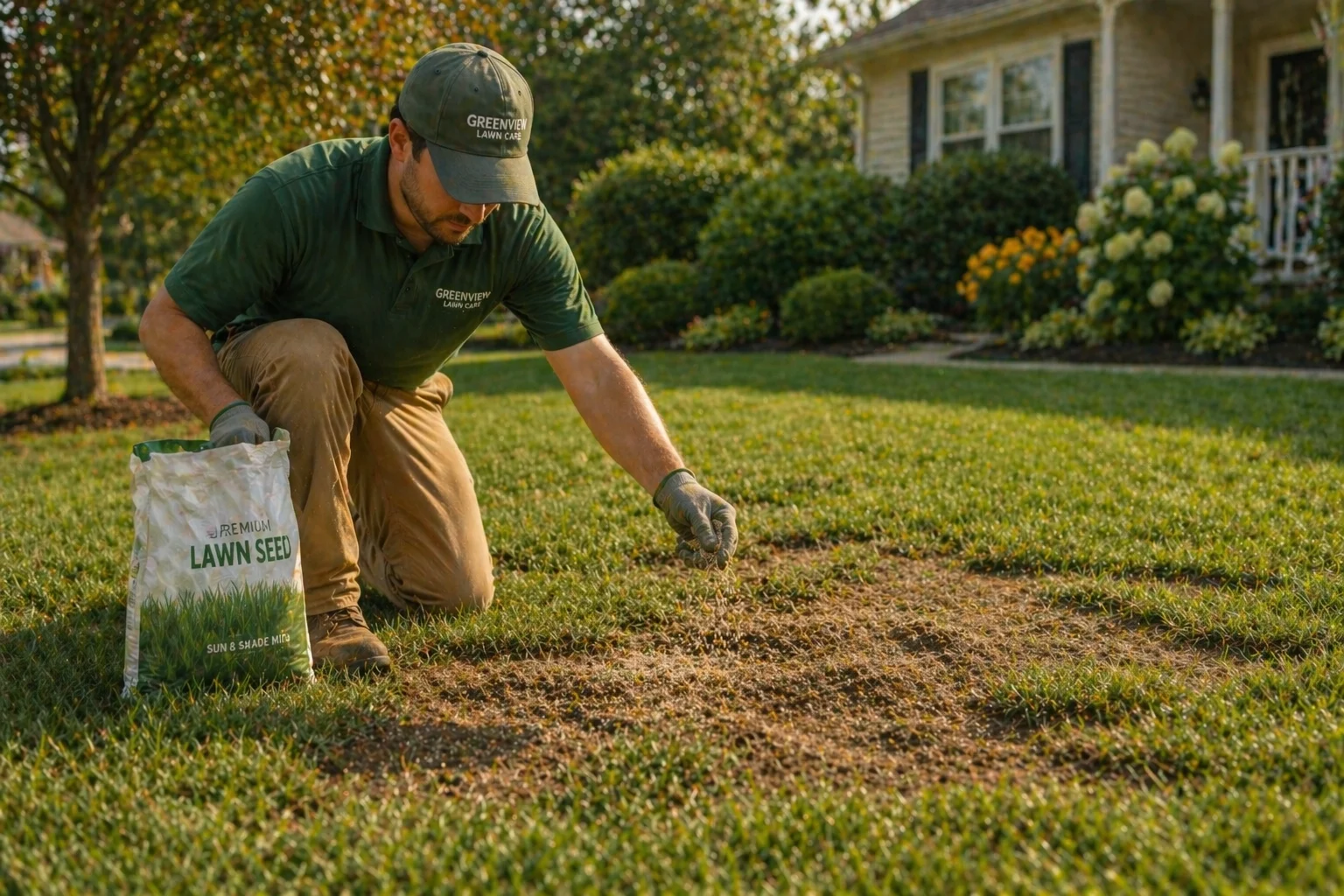 Lawn care professional seeding bare patches in a suburban lawn