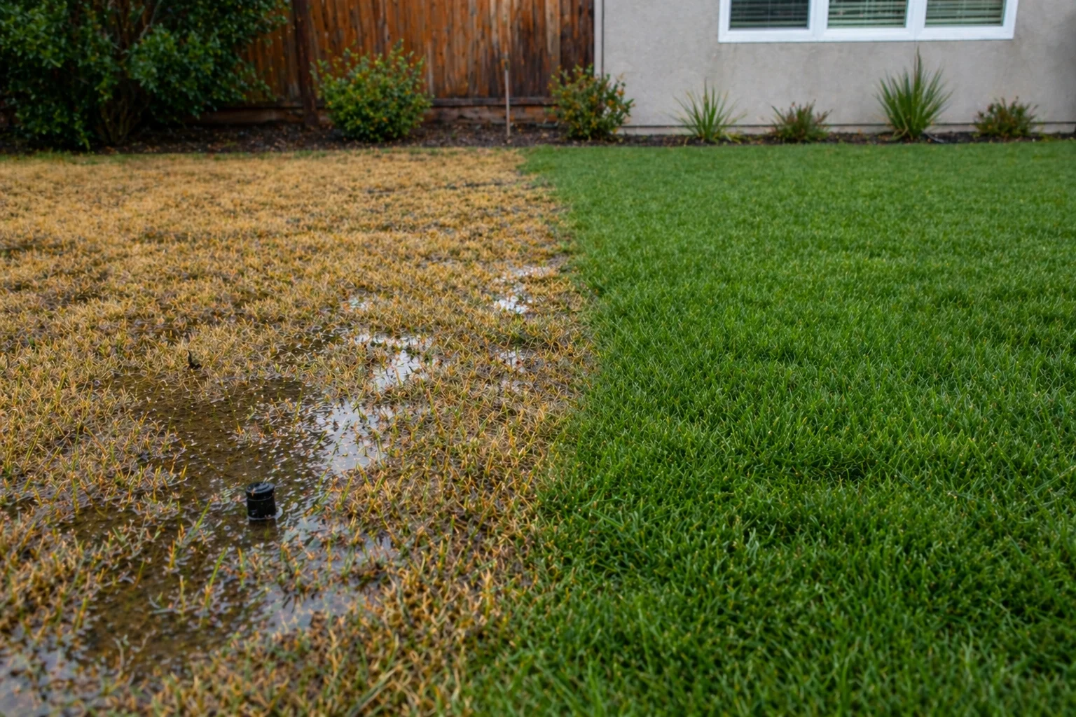Yellowing and fungal rings on an overwatered lawn