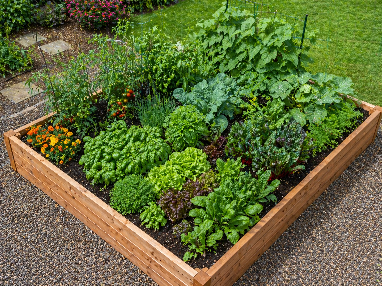 4 by 8 foot raised bed garden with vegetables planted in rows