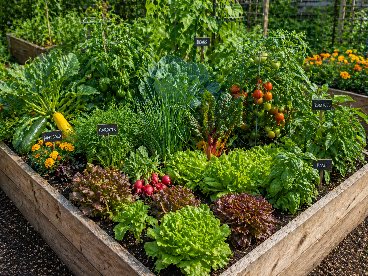 Beginner-friendly raised bed garden with mixed vegetables