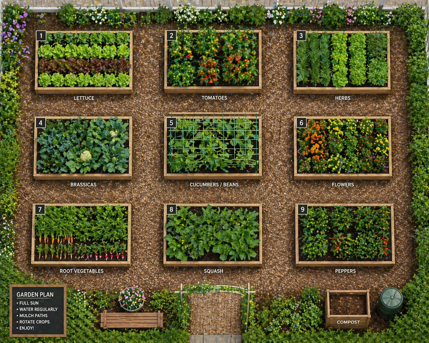 Multiple raised garden beds arranged in a layout with paths between them