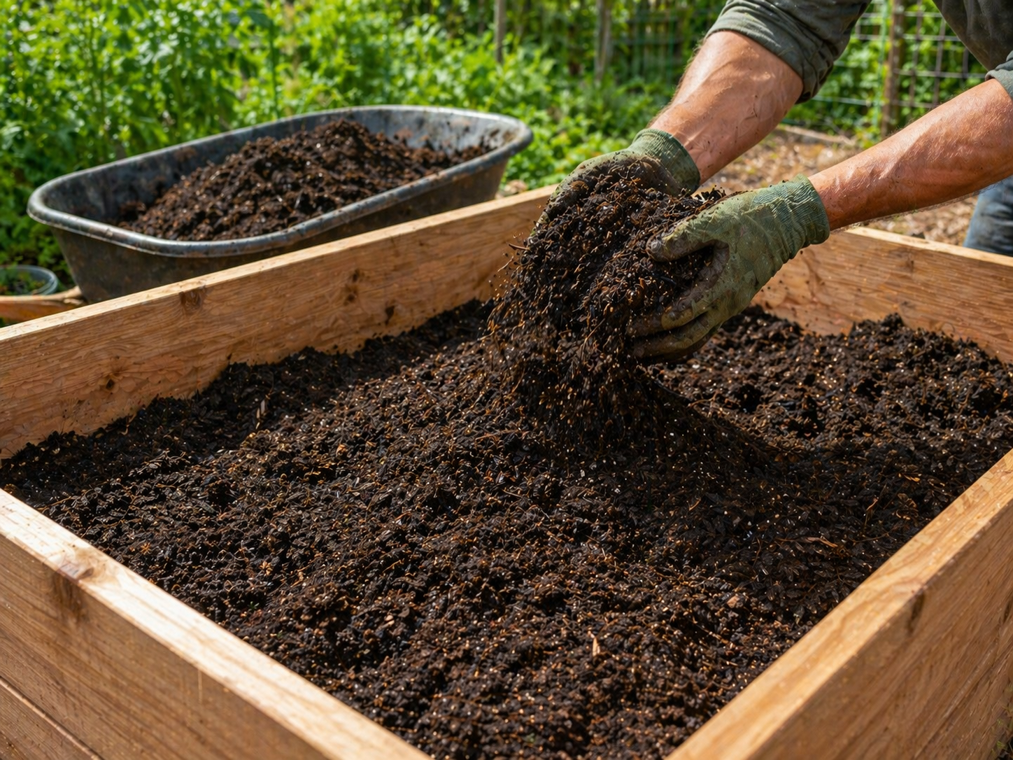 Rich dark soil mix being added to a raised garden bed