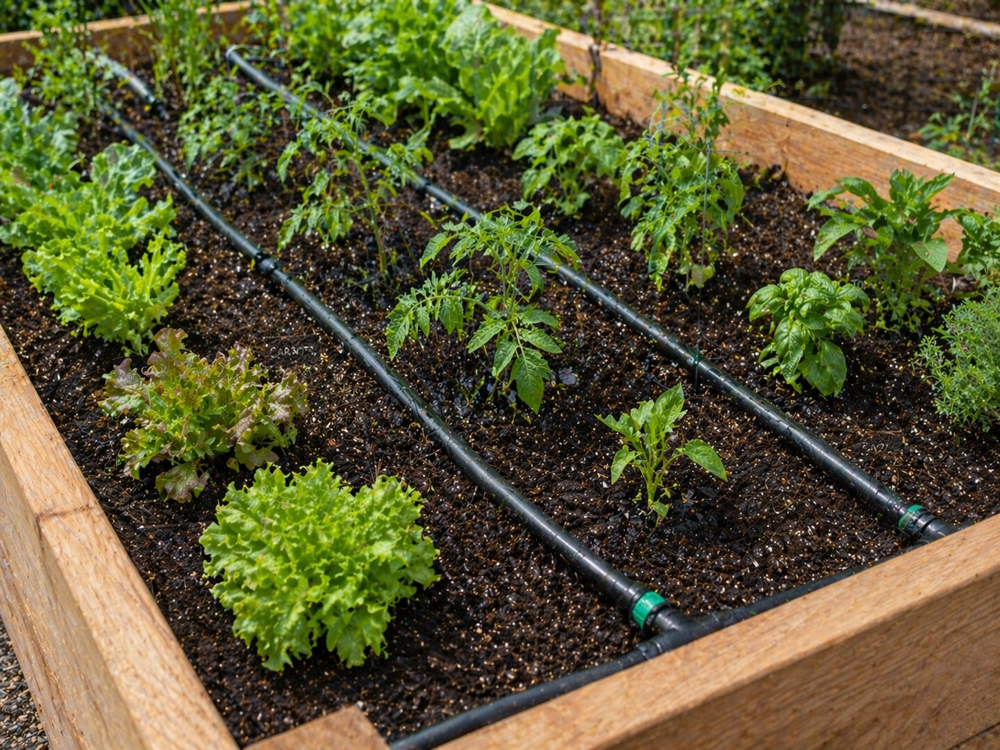 Drip irrigation system watering vegetables in a raised bed