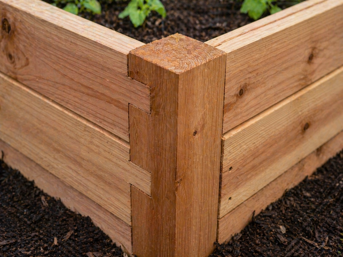 Cedar wood raised garden bed with freshly planted vegetables