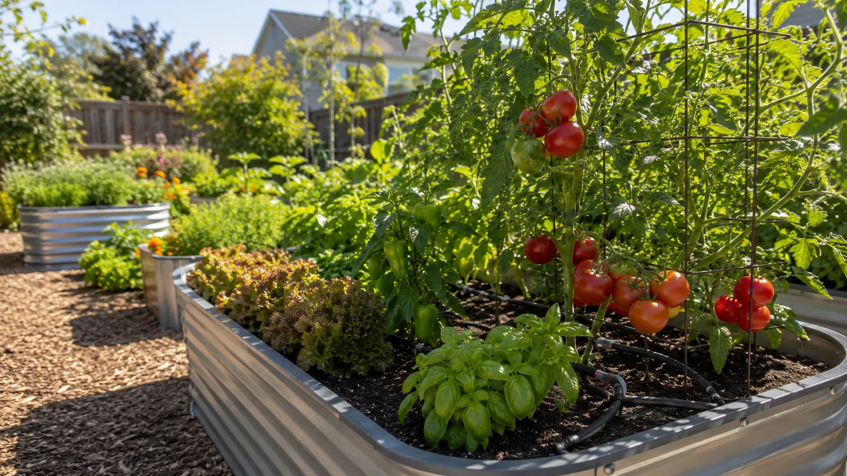 Galvanized metal raised garden bed filled with thriving tomato plants, peppers, and herbs