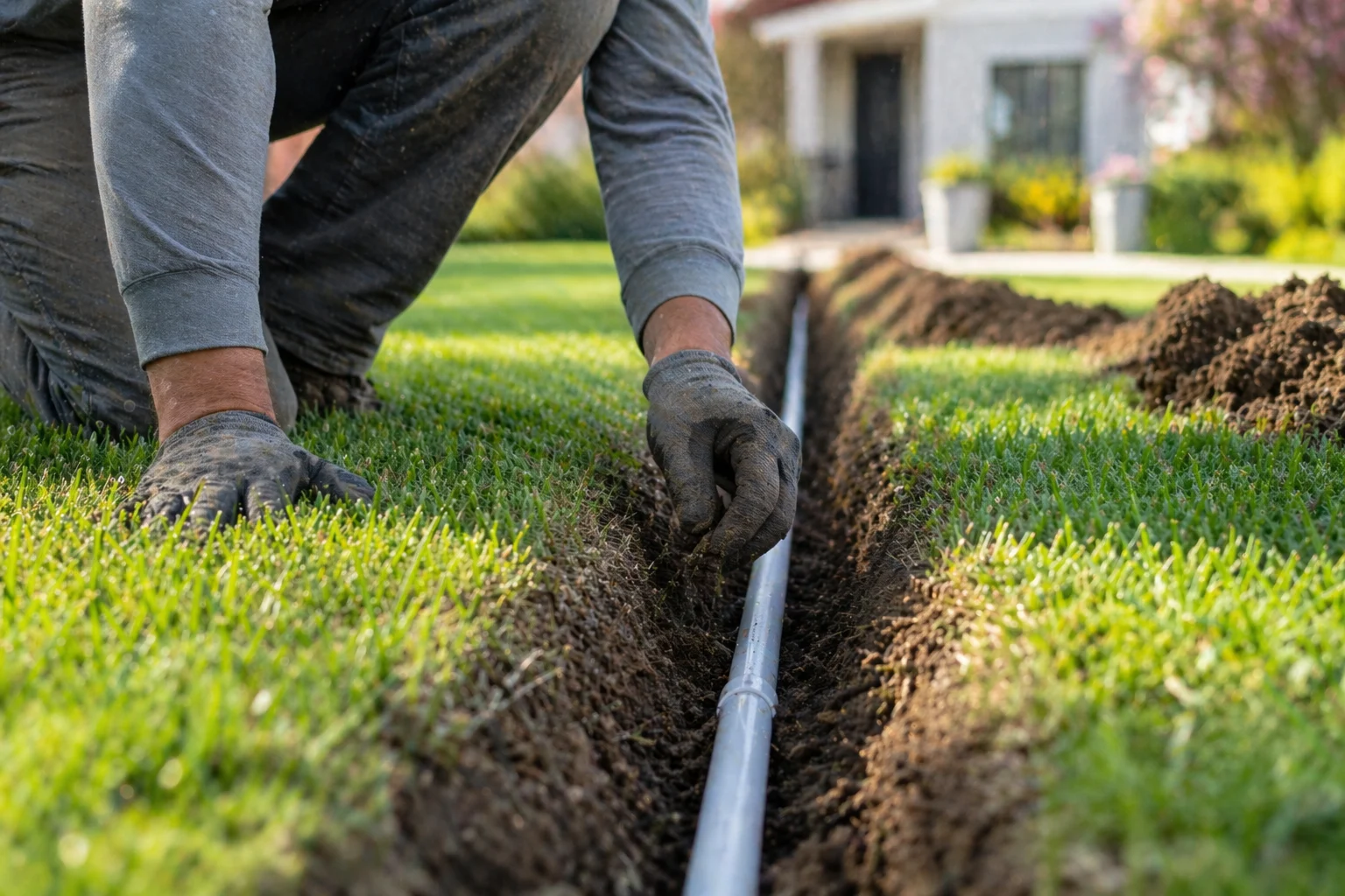 Irrigation contractor installing pop-up sprinkler heads on a residential lawn