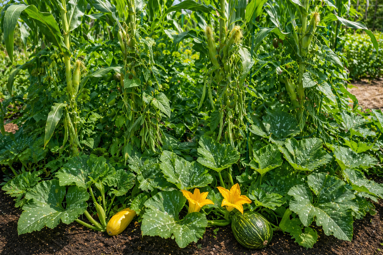 Three Sisters companion planting — corn, beans, and squash growing together
