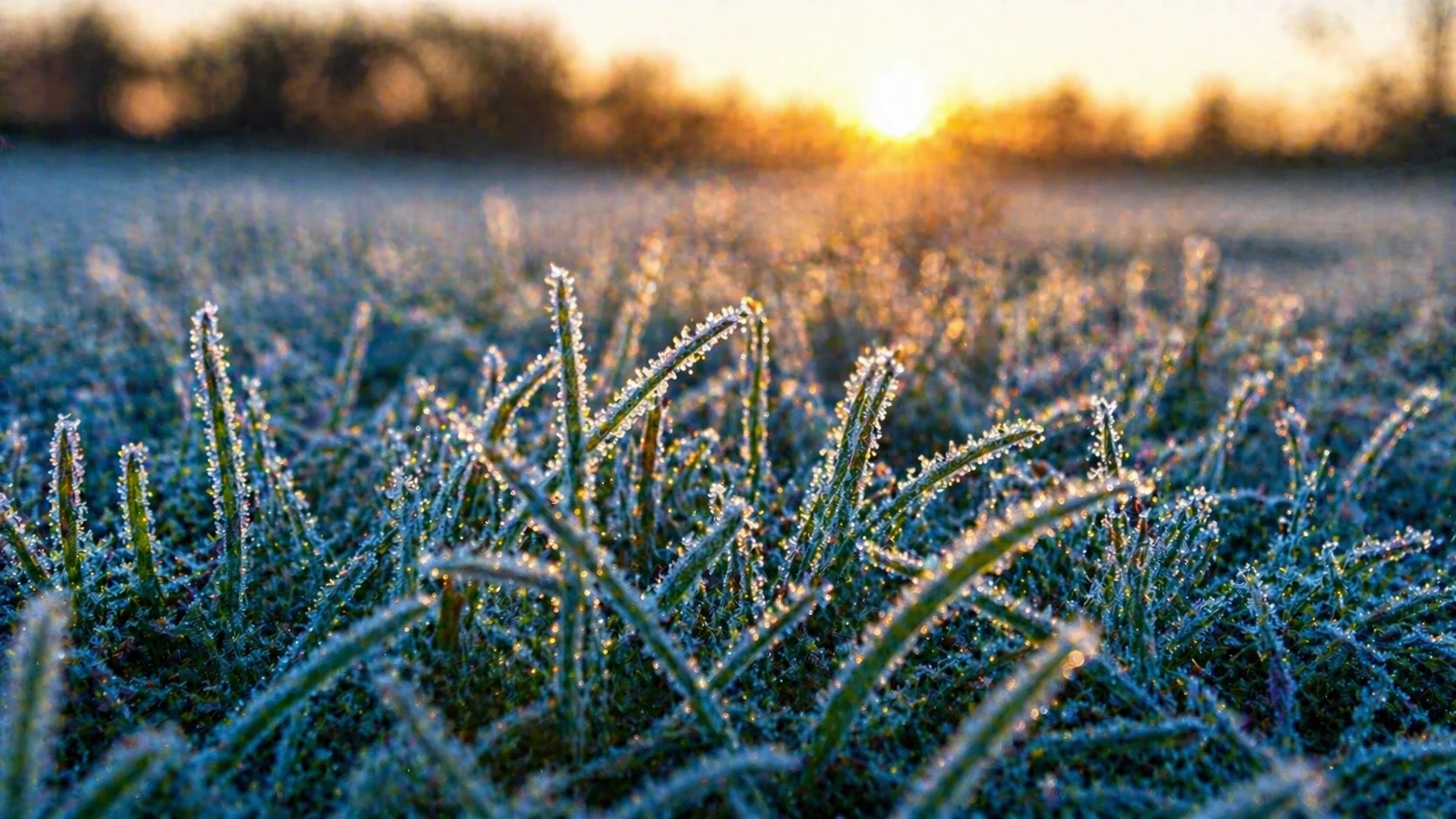 Frost-covered grass blades at dawn