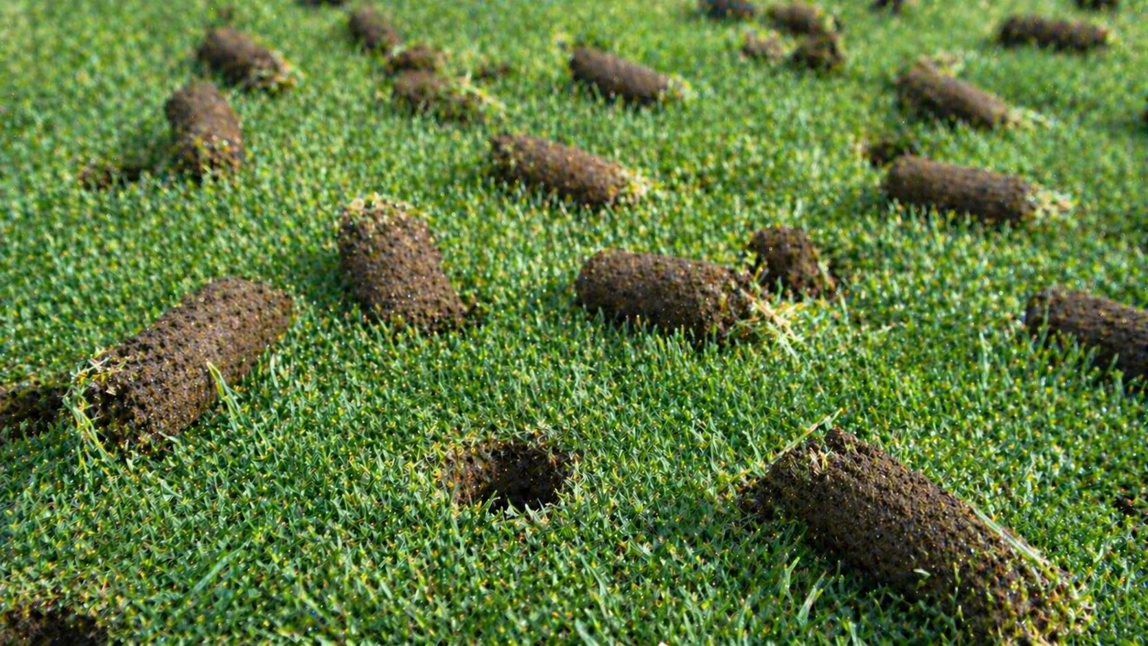 Soil core plugs scattered on aerated lawn