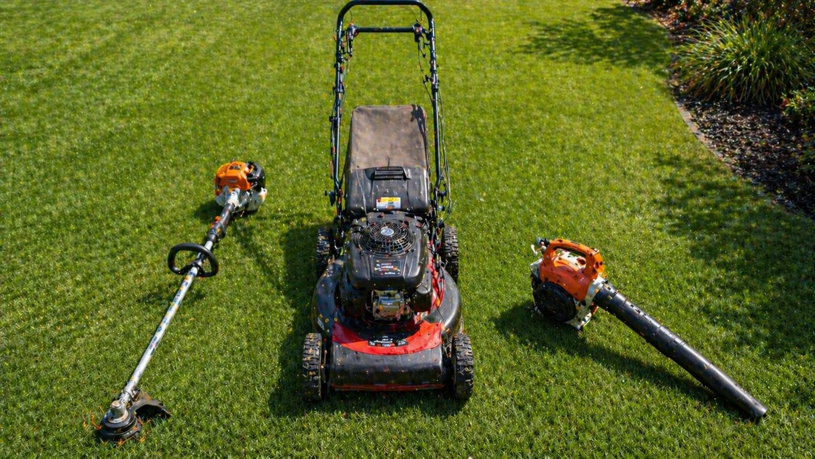 Professional lawn mowing equipment on green turf