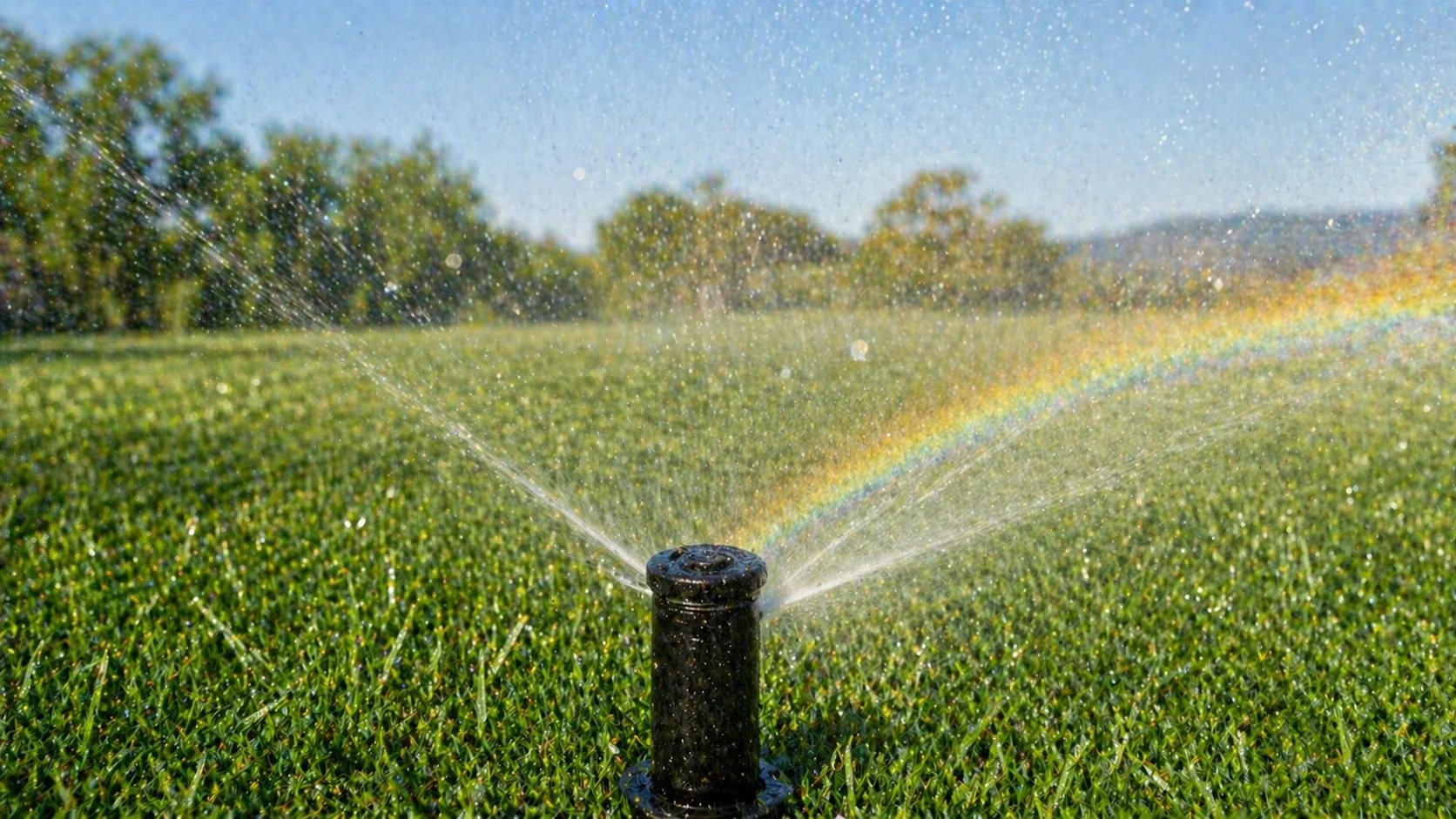 Sprinkler head with water droplets in sunlight