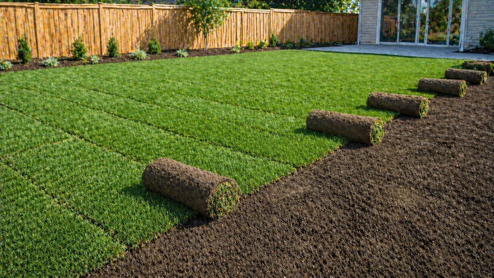 Fresh sod rolls being laid on bare soil