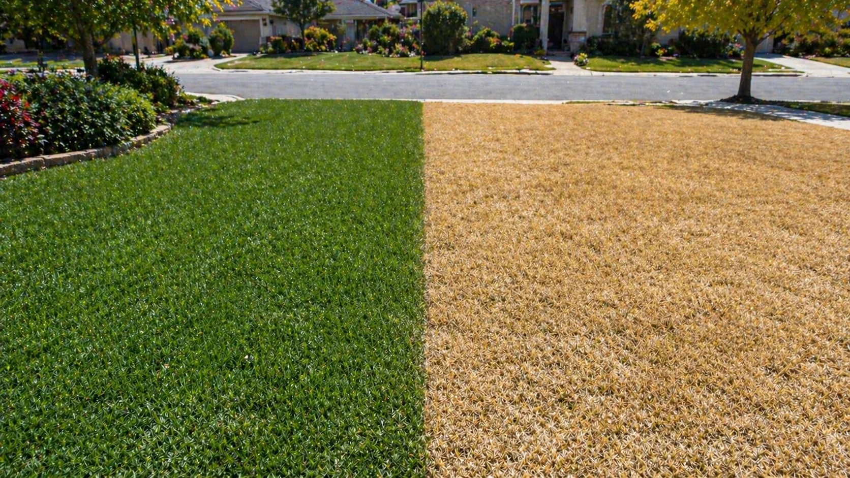 Green lawn versus dry drought-stressed lawn comparison