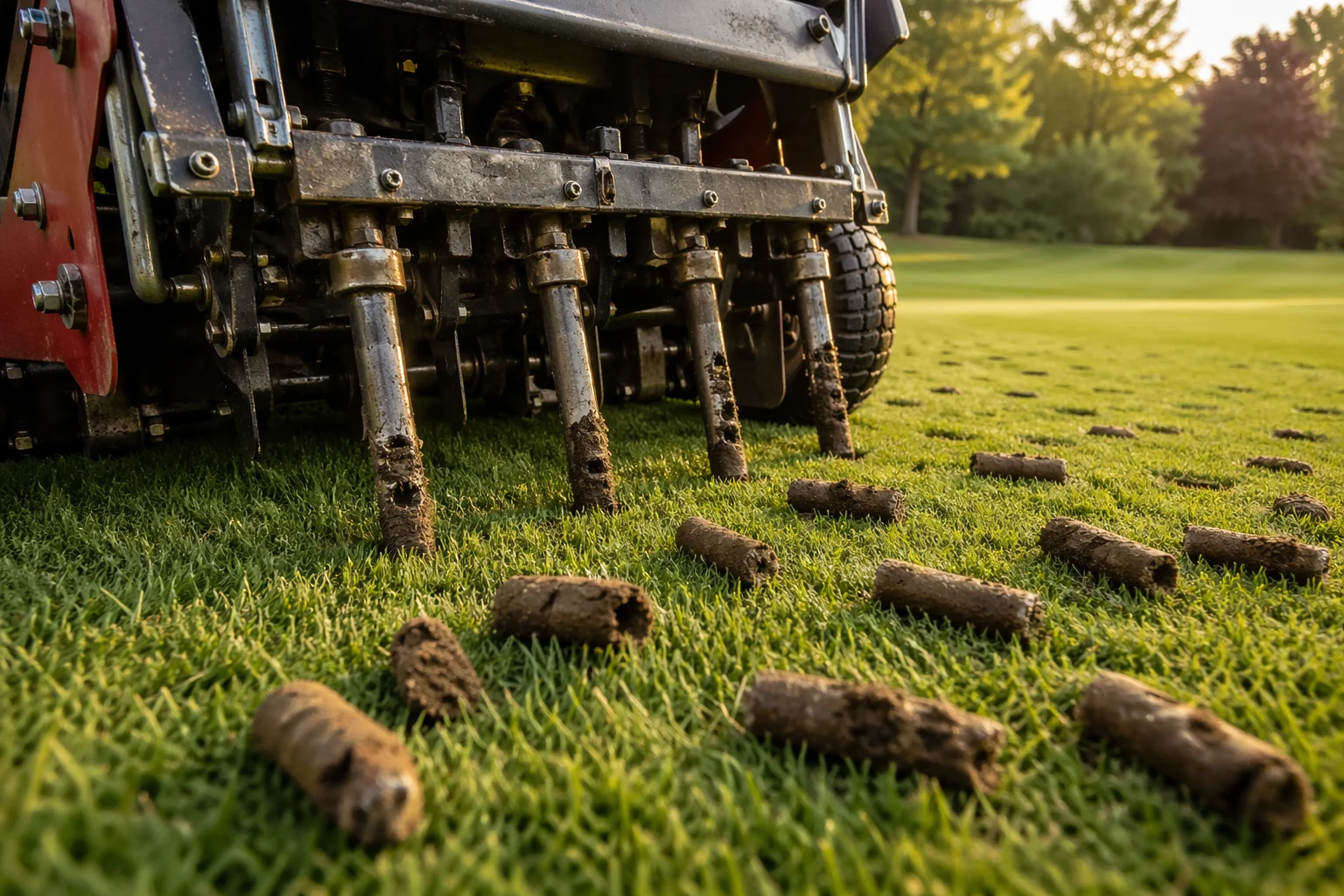 Core aerator pulling soil plugs from a green lawn