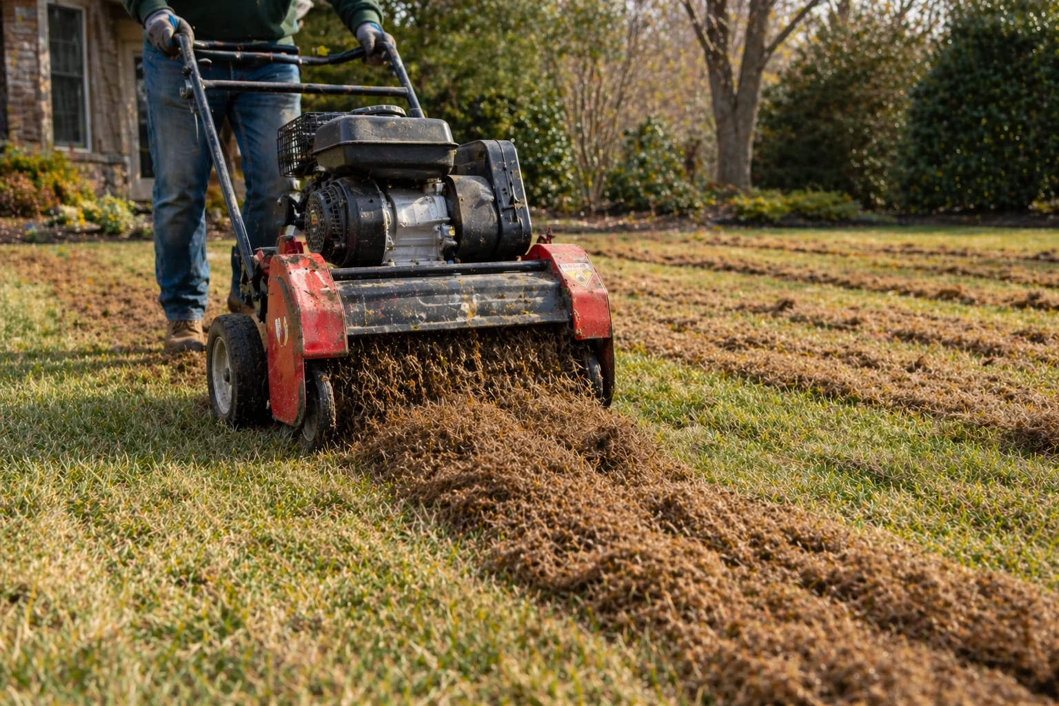 Power dethatcher removing brown thatch from a lawn