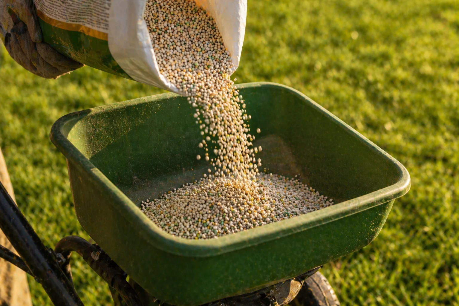 Granular lawn fertilizer being poured into a spreader hopper