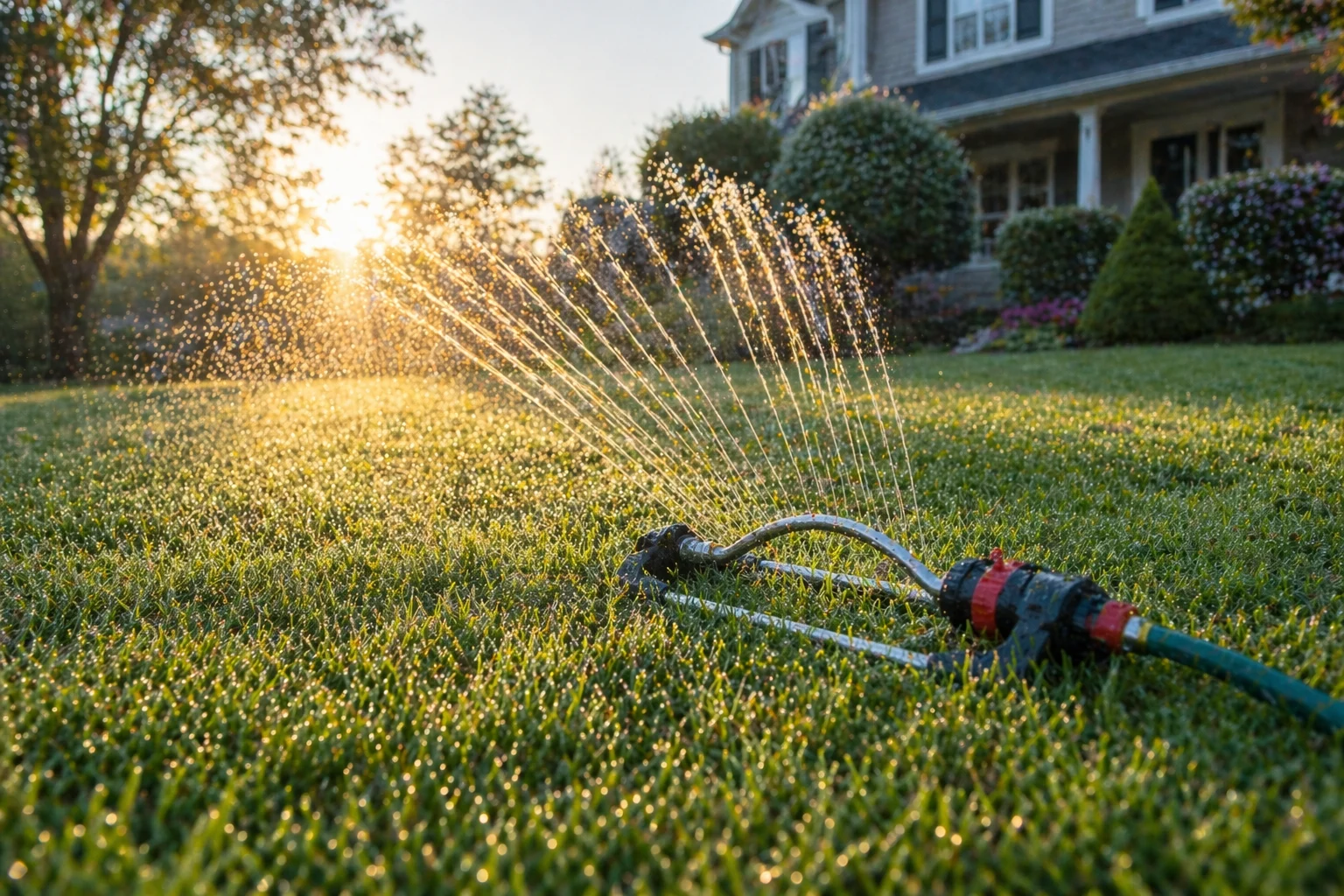 Oscillating sprinkler watering a green lawn in early morning light