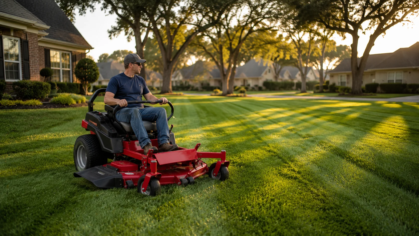Residential zero turn mower cutting a 2 acre suburban lawn at golden hour